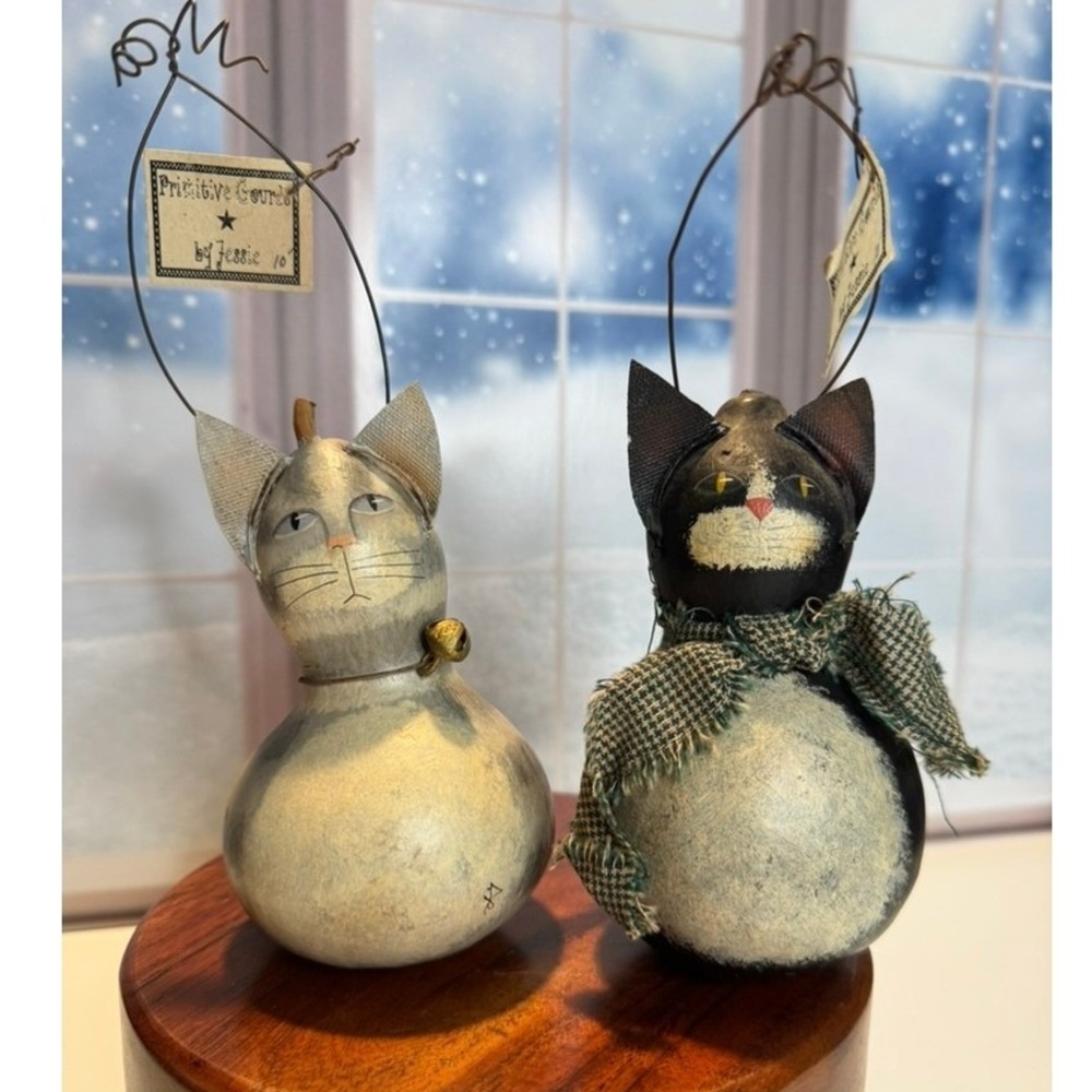 Handmade Primitive Gourd Cat Folk Art Pair Pennsylvania Artisan